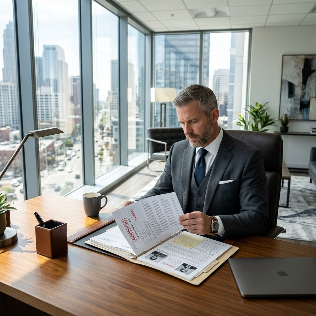 Professional male investigator reviewing a confidential dossier