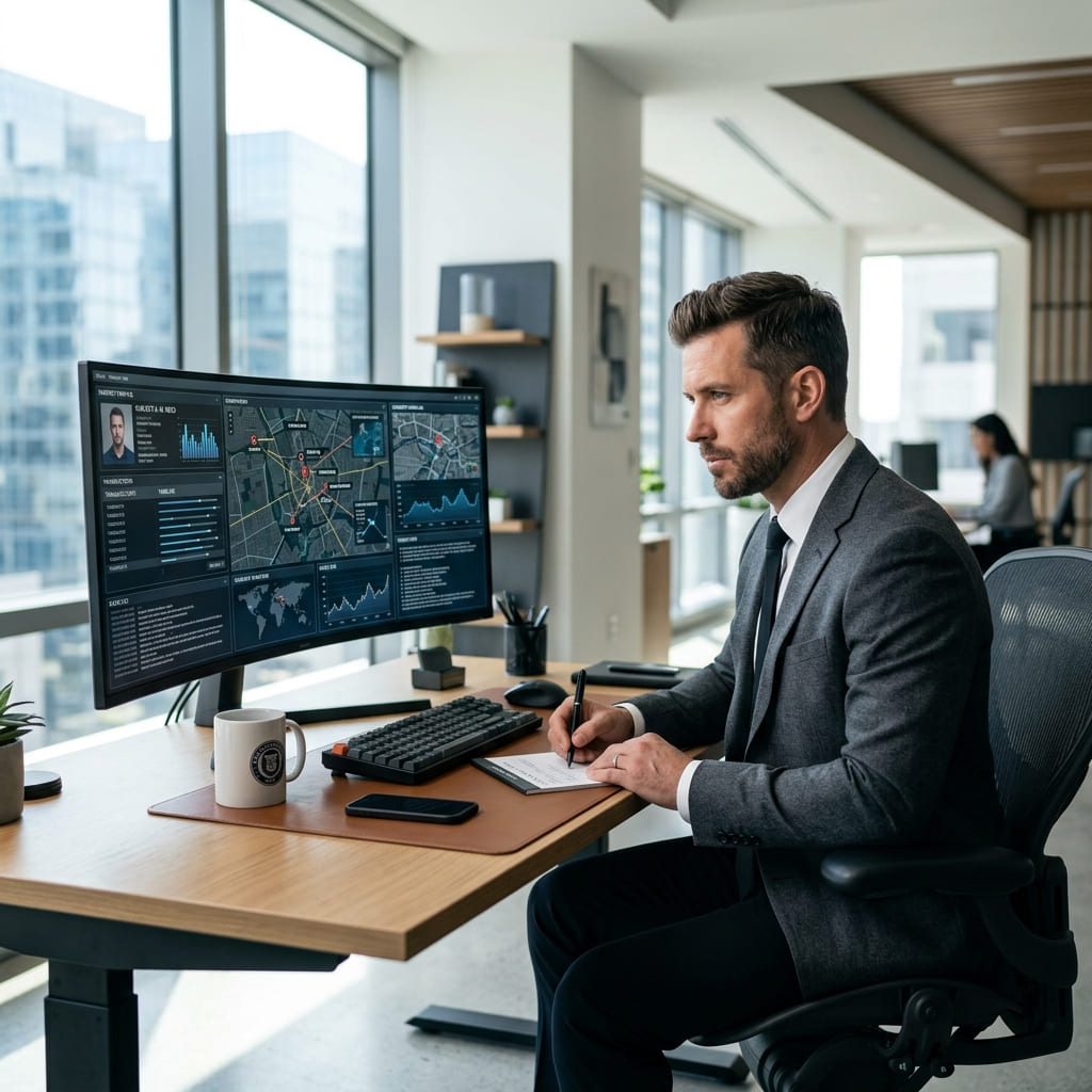 Professional male investigator focused on case files