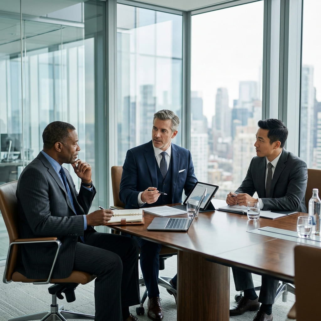 Two professional male partners meeting in a confidential boardroom